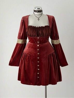 Velvet Renaissance Auburn / Burnt Orange Dress with Heart Buttons